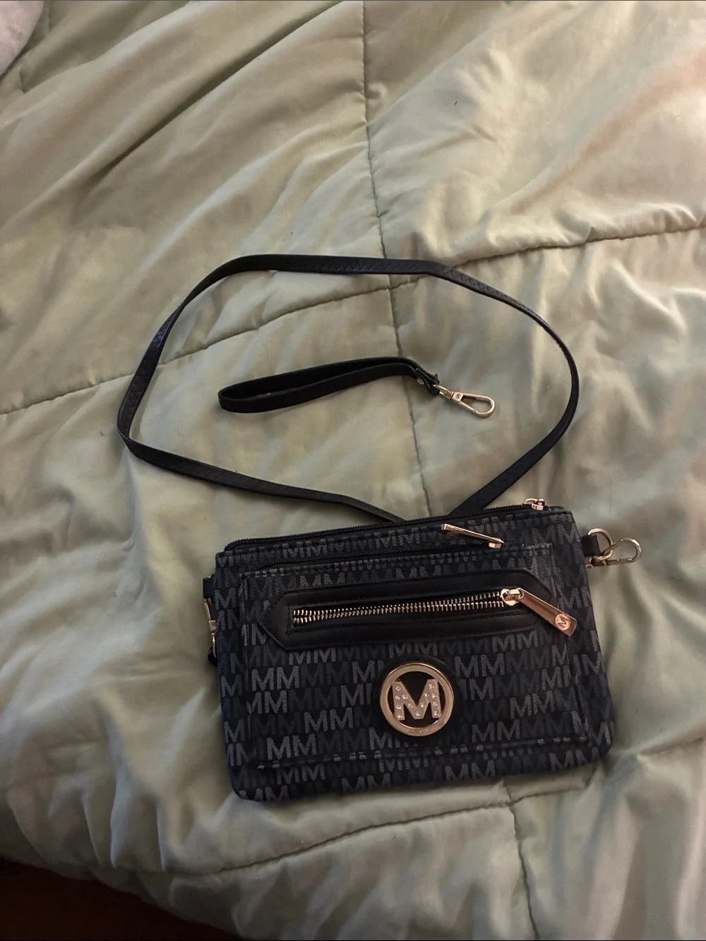Black & Blue Monogram Crossbody Bag with Gold-Tone Accents